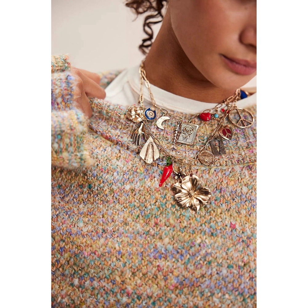 NWT Maxamillian Free People Whimsical Layer Charmer Necklace Charms Peace Flower